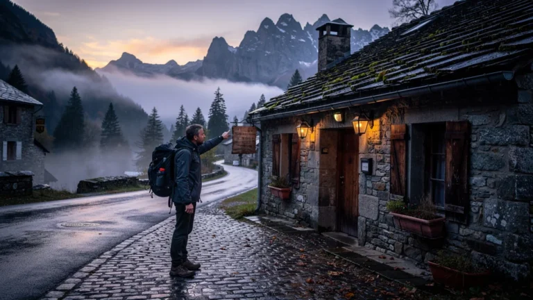 Voyageur devant une auberge fermée tôt hors saison en Ariège après une route de montagne