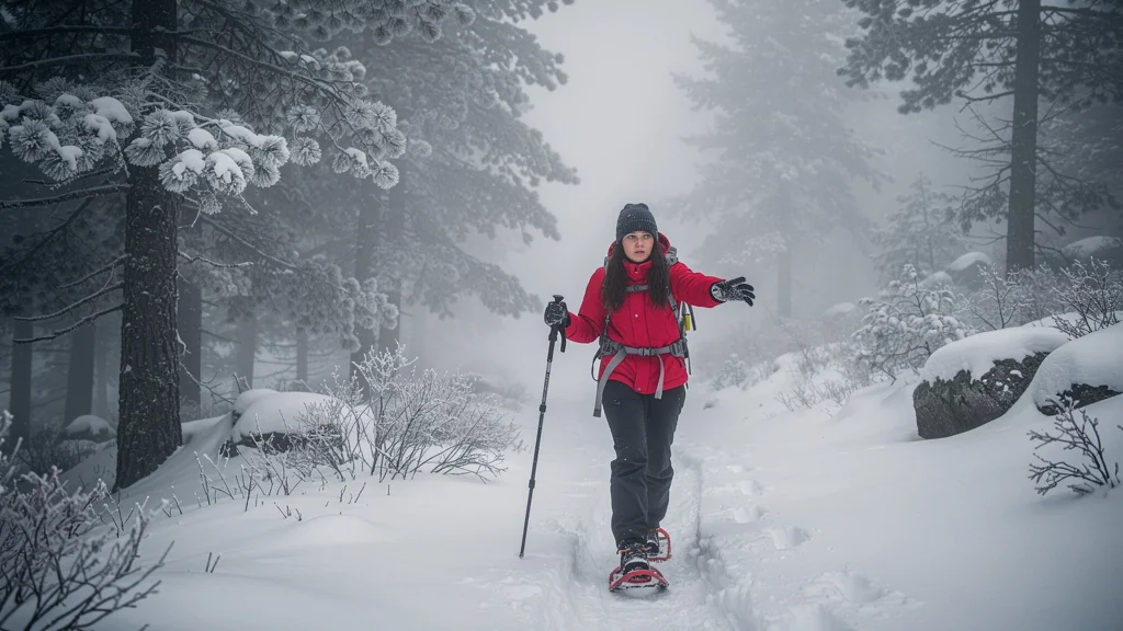 Femme perdue sur un sentier de raquettes mal balisé dans le brouillard épais en hiver