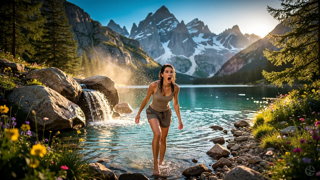Pause d’été au lac de baignade en montagne avec cascade et choc glacial de l’eau