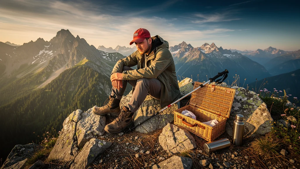 Hiker déçu au sommet d'une montagne avec panier pique-nique oublié au gîte, journée sans repas en altitude