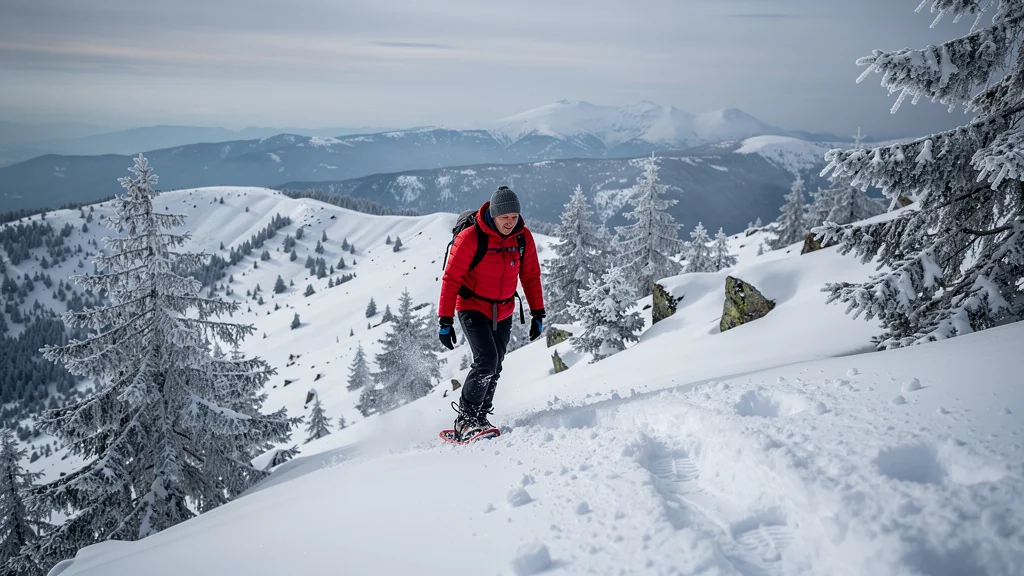 Hiker struggling in deep snow on Plateau de Beille et Chioula lors d’une première sortie raquettes