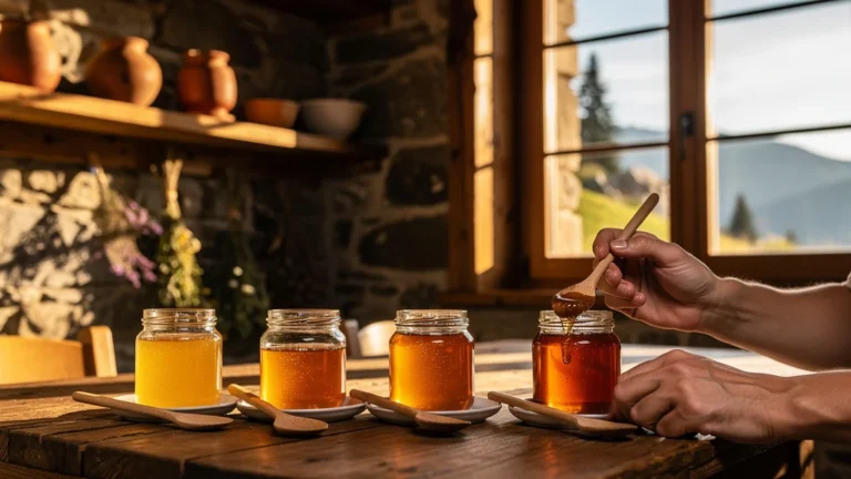 Dégustation à l’aveugle de quatre miels de montagne ariégeois dans un gîte chaleureux