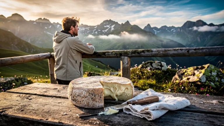 Tomme des Pyrénées fermière molle au sommet d’une randonnée en montagne pour pique-nique