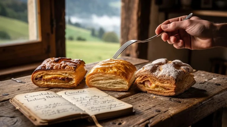 Trois croustades ariégeoises dorées sur table rustique avec notes de dégustation à la main