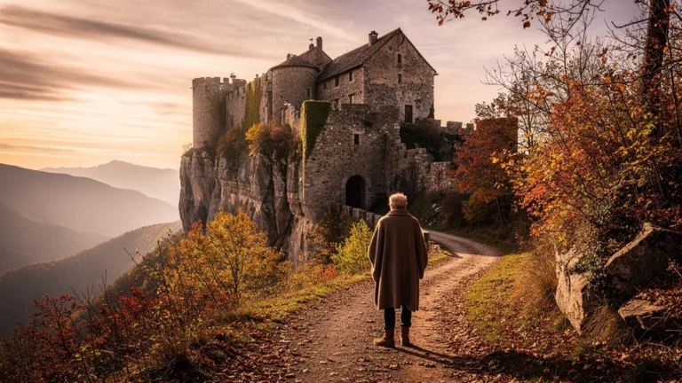 Automne à Roquefixade avec château cathare en ruines entouré d’arbres aux couleurs chaudes