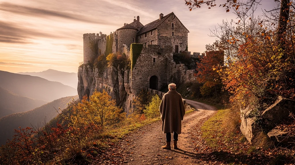 Automne à Roquefixade avec château cathare en ruines entouré d’arbres aux couleurs chaudes
