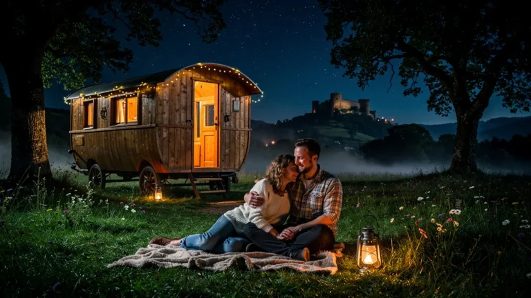 Nuit romantique en roulotte près de Foix, hébergement insolite en couple, atmosphère chaleureuse et paisible