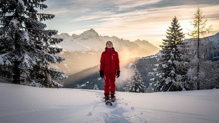 Sortie raquettes à Beille en hiver, paysage montagne ariégeoise enneigé et lumière douce