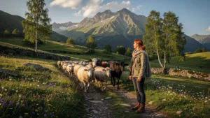 Transhumance à Bethmale avec troupeau dans estive verdoyante sous lumière dorée naturelle