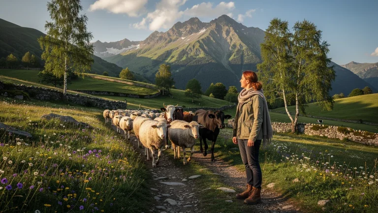 Transhumance à Bethmale avec troupeau dans estive verdoyante sous lumière dorée naturelle