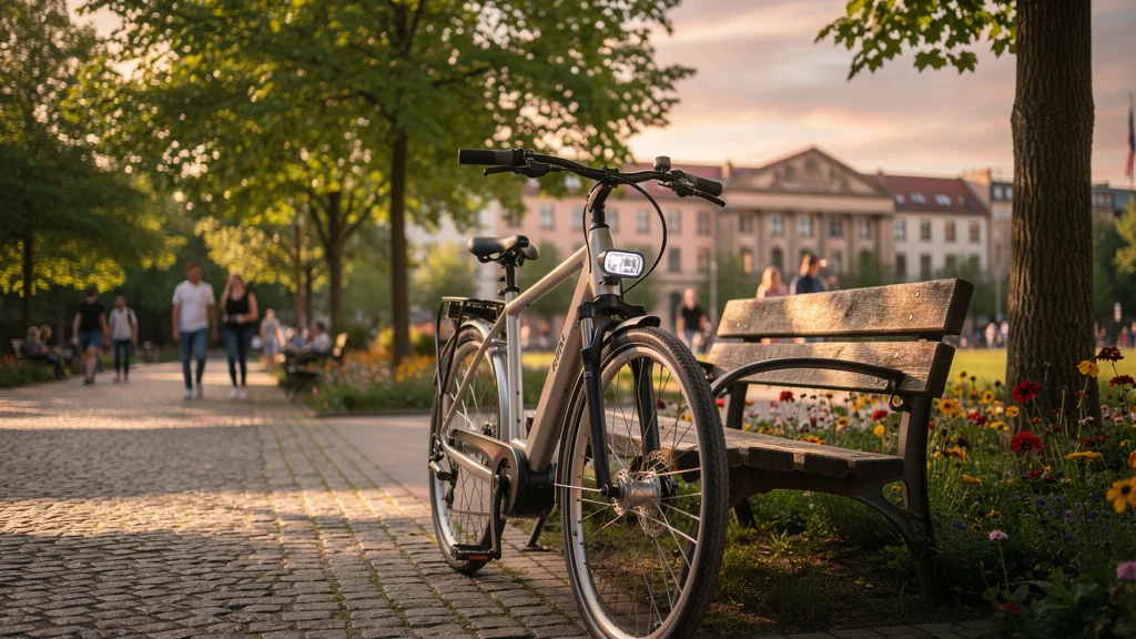Photo réaliste d’un vélo électrique Aslan Berliner en ville, symbolisant mobilité durable en 2024