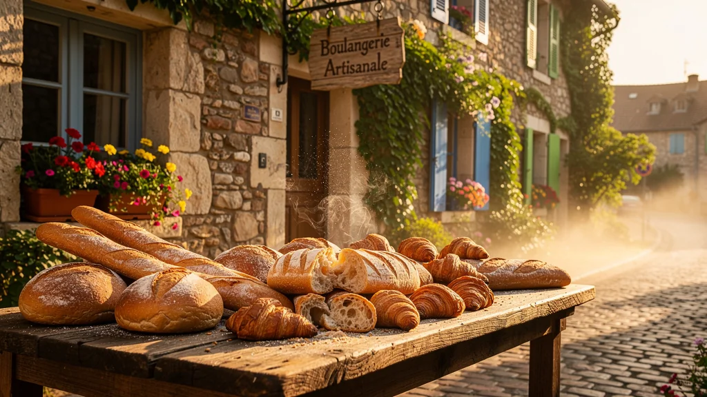 Scène réaliste d'une boulangerie boulanaise avec pains frais, lumière dorée et ambiance conviviale en village français