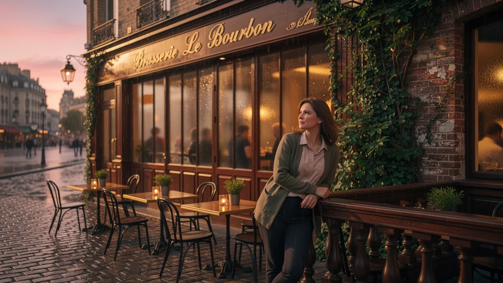 Façade et terrasse chaleureuse de la brasserie le bourbon au coucher du soleil, ambiance conviviale et naturelle