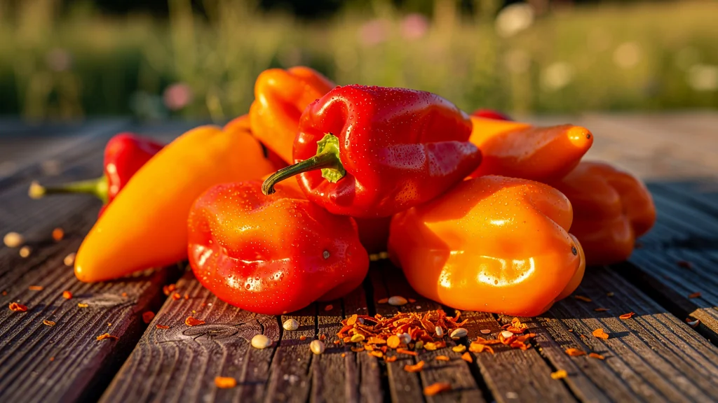 Photo ultra-réaliste de piments folie piment rouges sur table en bois en lumière naturelle dorée