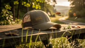 Golf cap Malo posé sur une table en bois dans un paysage naturel au lever du soleil, ambiance paisible et lumineuse