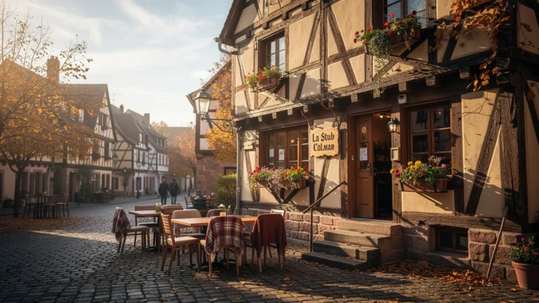 Façade chaleureuse de La Stub Colmar en automne, restaurant alsacien traditionnel à Colmar