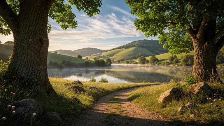 Paysage naturel hyper-réaliste de La Valdaine avec collines, rivière et lumière dorée au crépuscule