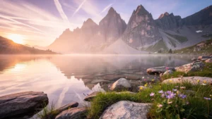 Vue hyper-réaliste du lac d'Agalops au coucher de soleil avec montagnes et nature préservée
