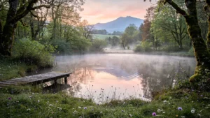 Silence paisible d’un étang d’Ariège au petit matin avec brume légère et lumière douce