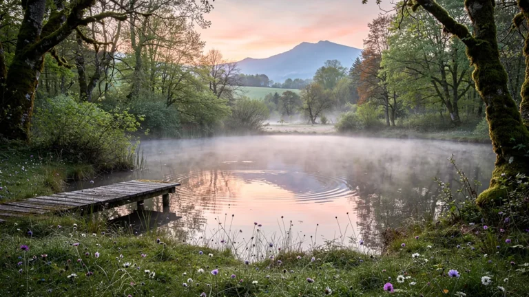 Silence paisible d’un étang d’Ariège au petit matin avec brume légère et lumière douce