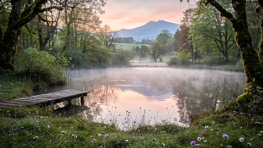 Silence paisible d’un étang d’Ariège au petit matin avec brume légère et lumière douce