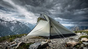 Tente légère bien calée aux haubans dans un vent fort en col de montagne, paysage naturel sauvage