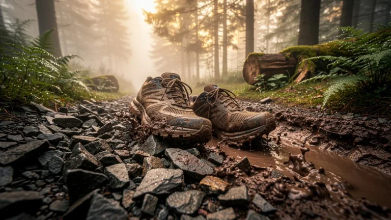 Chaussures de trail usées sur éboulis et boue, illustrant leur résistance et défaillance en pleine nature