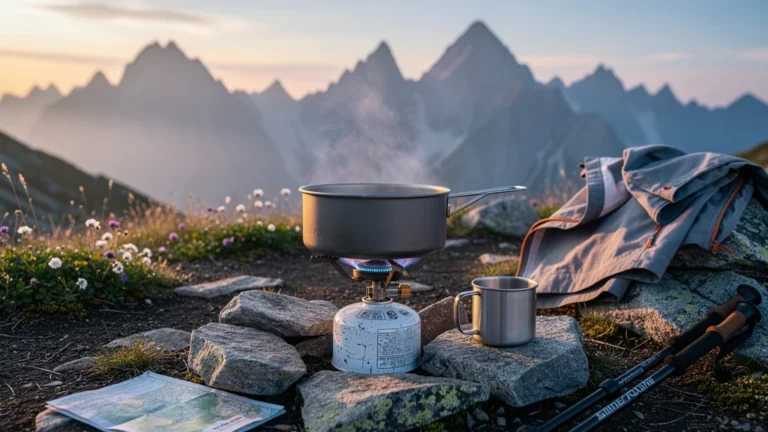 Réchaud à gaz peinant à 2000 mètres en montagne avant passage à l’essence, camping alpin réaliste