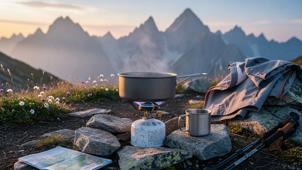 Réchaud à gaz peinant à 2000 mètres en montagne avant passage à l’essence, camping alpin réaliste