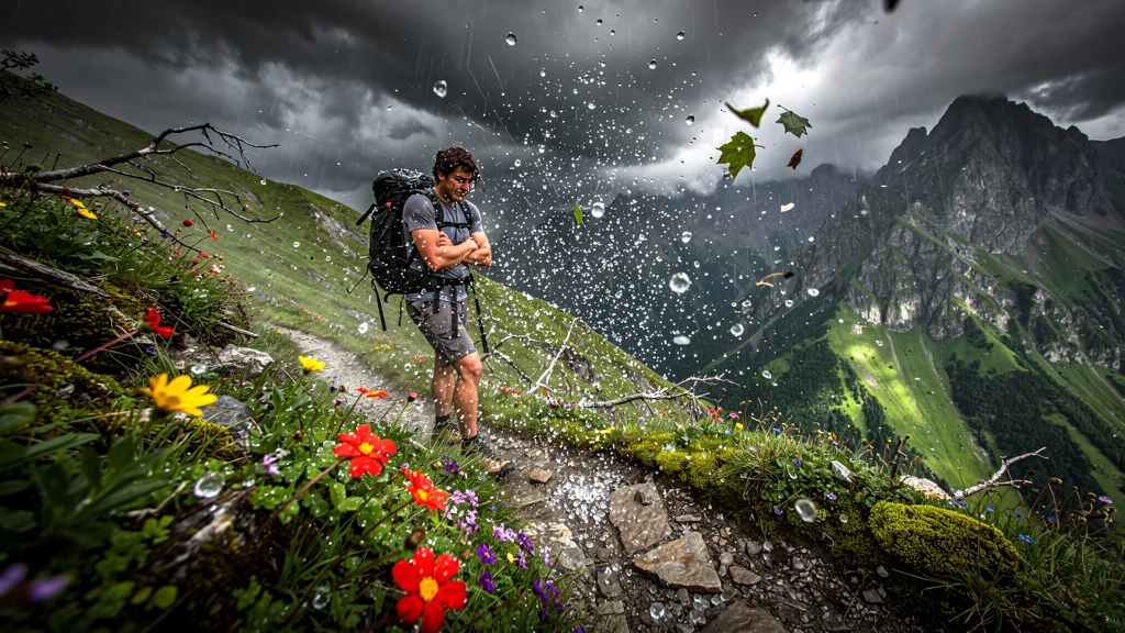 Orage de grêle en juin écourtant une randonnée sans polaire sur un sentier de montagne verdoyant