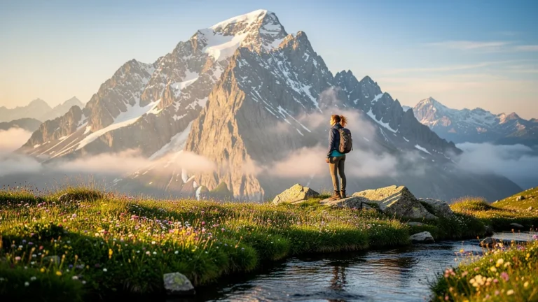 Vue hyperréaliste d'un pic pyrénéen majestueux au lever du jour avec une randonneuse contemplative