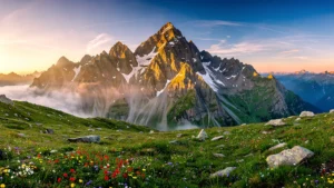 Vue panoramique ultra-réaliste du plus haut pic des Pyrénées au coucher de soleil