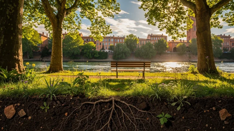 Paysage naturel réaliste à Toulouse montrant racines et parc pour tourisme nature convivial