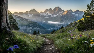 Panorama hyper-réaliste des Pyrénées au lever du jour après 3 jours de randonnée intense
