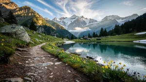 Paysage hyper-réaliste randonnée Pyrénées 3 jours avec sentier, lacs et sommets enneigés en lumière naturelle