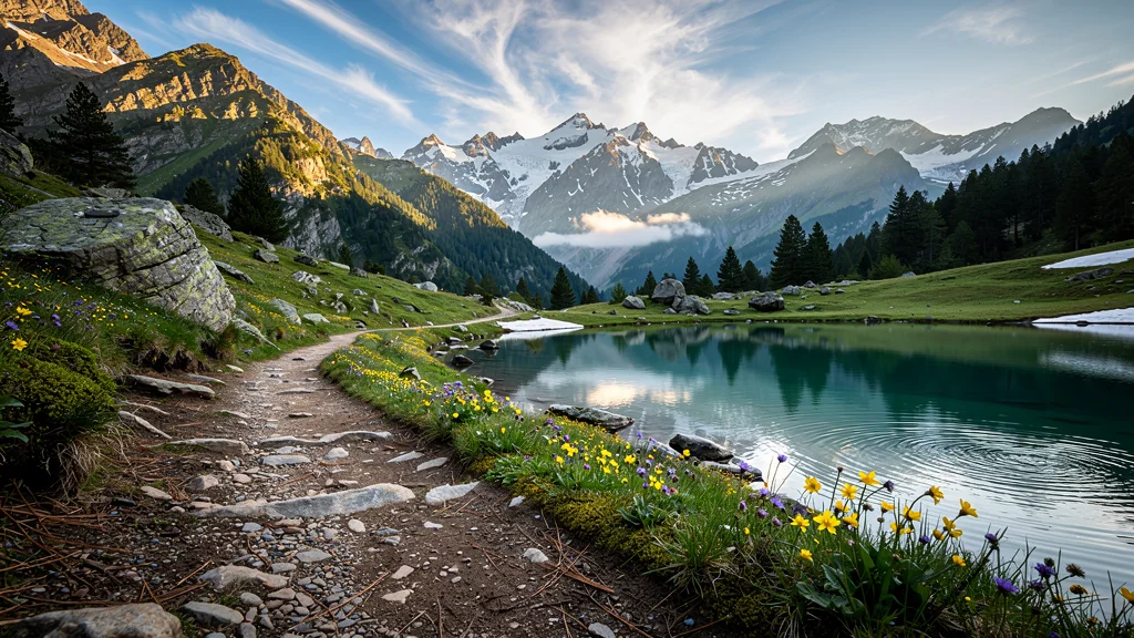 Paysage hyper-réaliste randonnée Pyrénées 3 jours avec sentier, lacs et sommets enneigés en lumière naturelle