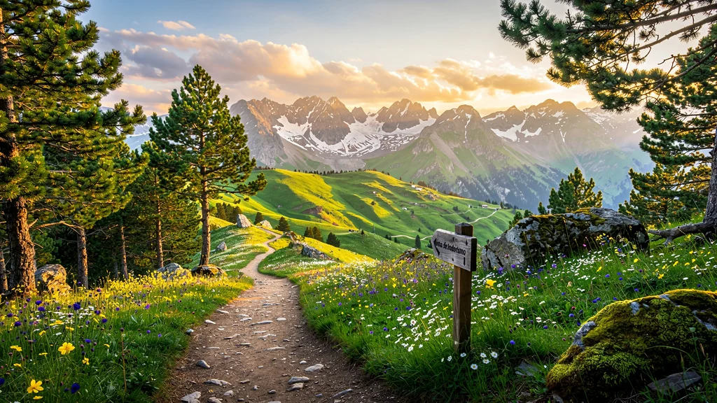 Paysage photoréaliste de randonnées dans les Pyrénées espagnoles au printemps, montagnes et sentier fleuri