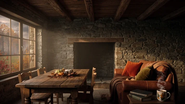 Intérieur d’un gîte en novembre sans cheminée, ambiance chaleureuse mais incomplète et automnale