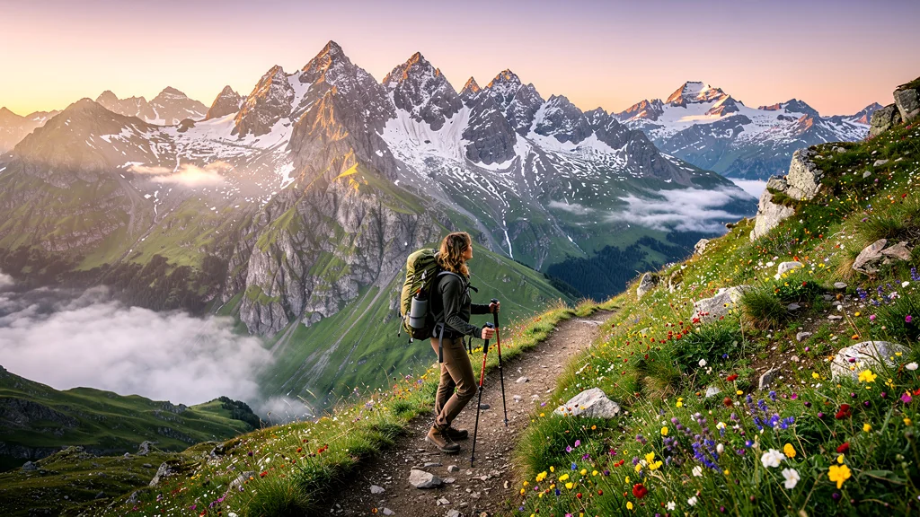 Paysage hyper-réaliste trek Pyrénées au lever du jour avec une randonneuse autonome de 30 ans