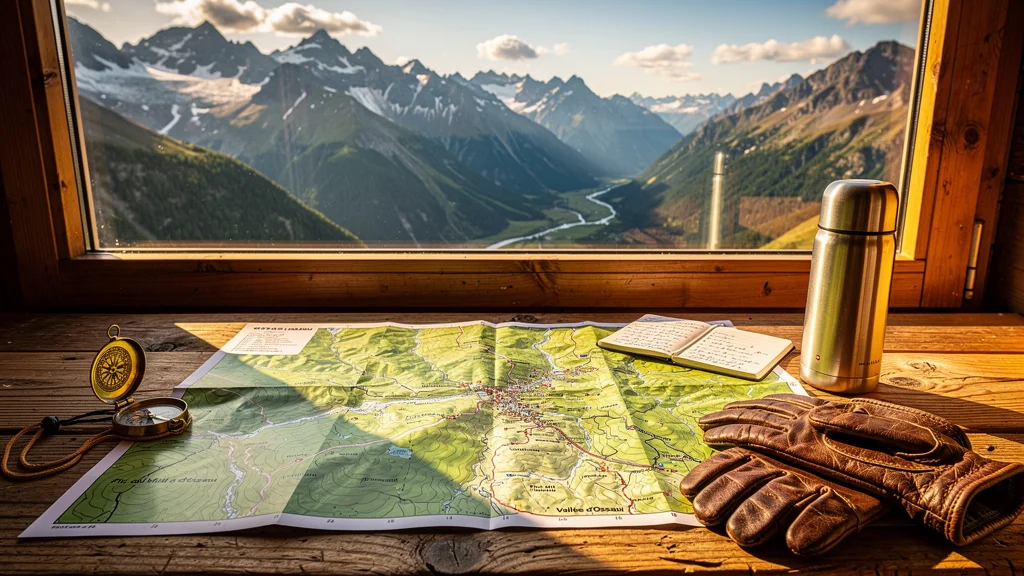 Carte détaillée de la vallée d’Ossau posée sur une table en bois dans un chalet au cœur des Pyrénées